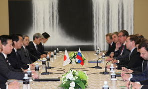 （写真）メドヴェージェフ露大統領らと会談する菅総理