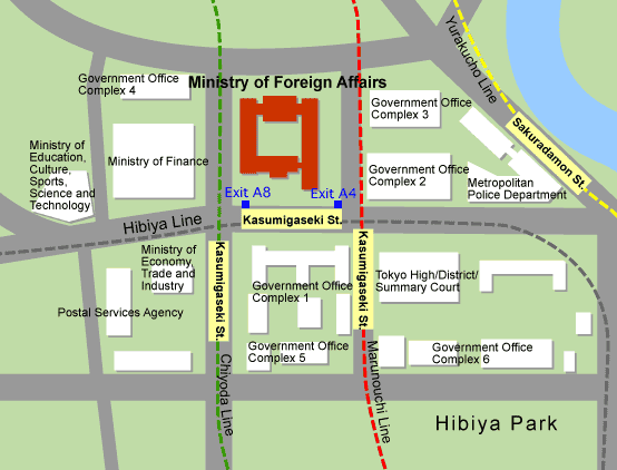 The map for the Ministry of Foreign Affairs from the closest train exit. Get off at Tokyo Metro Kasumigaseki Station, and exit A8 or A4 is the closest exit to the ministry.