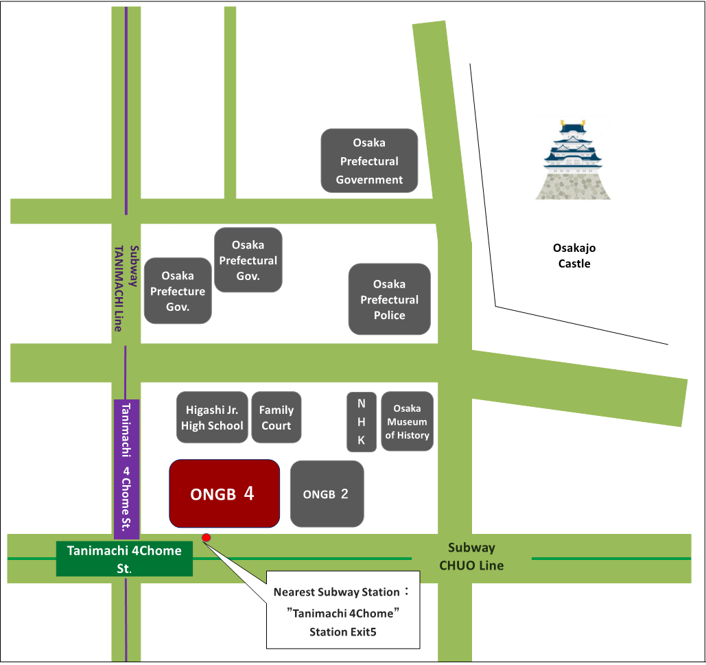The map for Osaka Joint Government Building No. 4 from the closest train exit. Get off at Osaka Municipal Subway Tanimachi 4-chome, and Exit 5 is the closest exit to the Osaka Liaison Office.