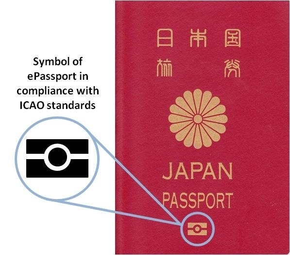 (image 2) The passport that show the ICAO standard IC passport mark is printed on the cover page.