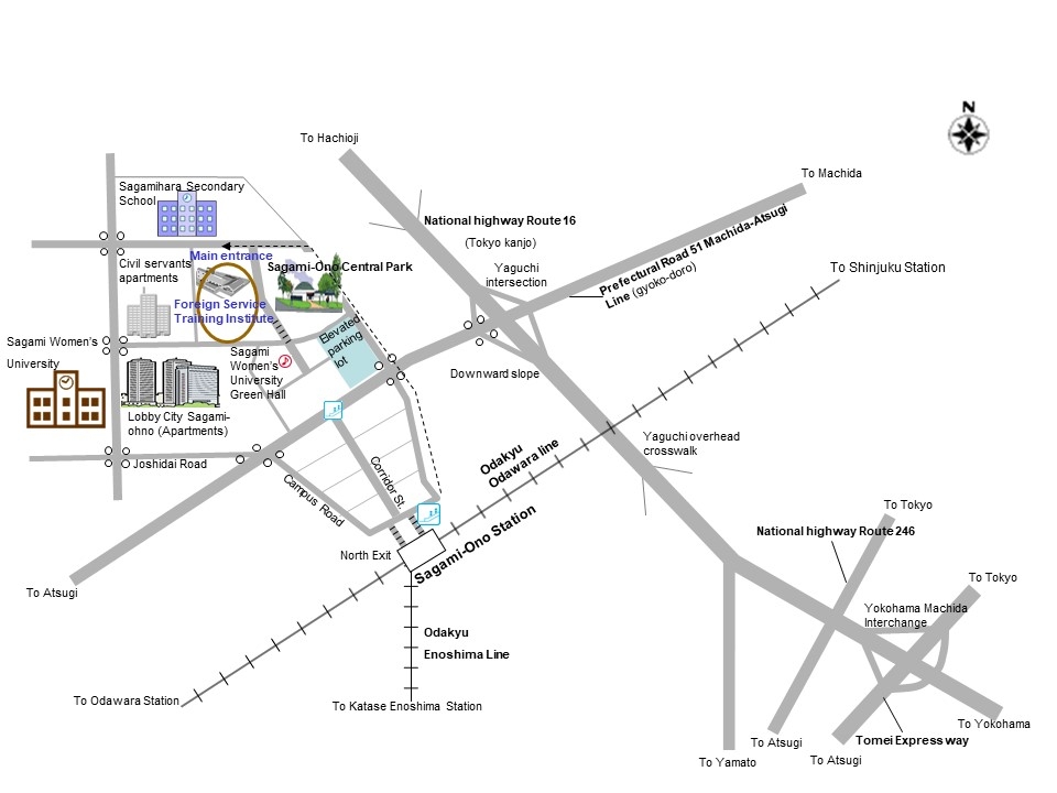 Map of the Foreign Service Training Institute. About 10 to 15 minutes on foot from the north exit of Sagami-Ono Station on the Odakyu Line. From the north exit, get off the central escalator and follow the road toward FamilyMart, looking at the multi-storey car park and Sagamiono Central Park on your left, and you will reach the front entrance of the Foreign Service Training Institute.