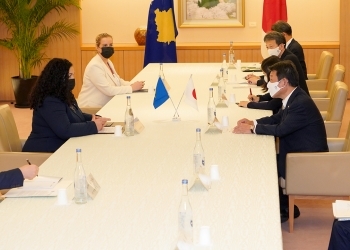 A picture of Courtesy Call on President Osmani of Kosovo by Foreign Minister Motegi