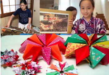 (Photo3) Koto performance (upper left), online video (upper right), origami (bottom)