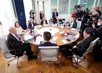 A photo G7 Foreign Ministers who are sitting at the table before G7 Foreign Ministers' Meeting