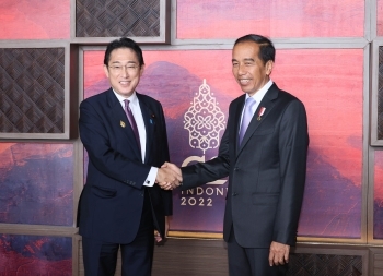 Prime Minister Kishida shakes hand with Indonesian President Joko