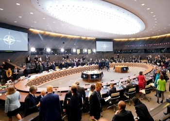 A picture of a meeting room which the NATO Ministers' meeting (NATO Partner Session) is held in the NATO headquarters