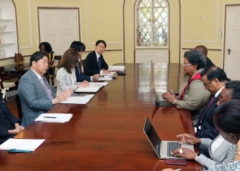 Minister Hayashi and Prime Minister Mottley who exchange opinions after having a seat at a table