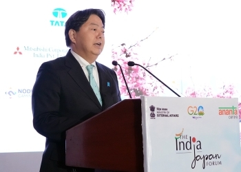 Foreign Minister Hayashi makes an address during the India-Japan Forum