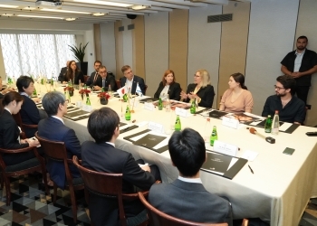 Minister Kamikawa who meets with three families of those killed or kidnapped in the Hamas terrorist attacks after having a seat at a table in the presence of Foreign Minister Cohen