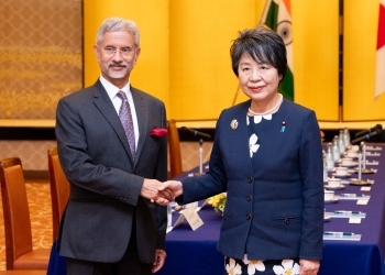 Ms. KAMIKAWA, Minister for Foreign Affairs of Japan is shaking hands with Dr. Subrahmanyam Jaishankar, Minister of External Affairs of India