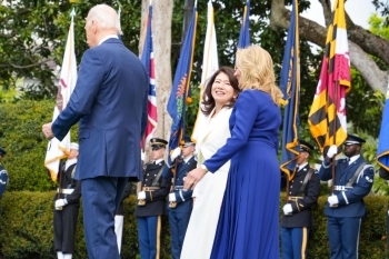 Mrs. KISHIDA walking with First Lady Jill Biden