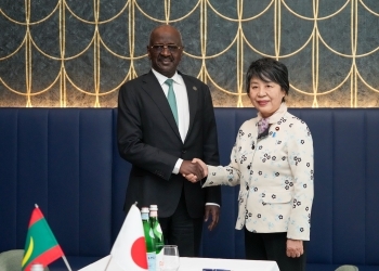 Minister Kamikawa shaking hands with Minister Merzoug