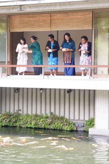 (Photo1) The participants enjoyed feeding carp from the hiro-en (low veranda)