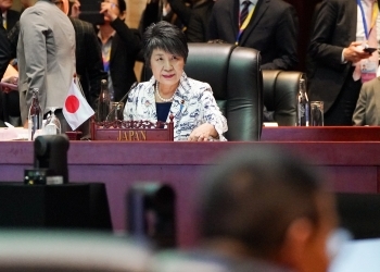 Foreign Minister Ms. Kamikawa on the seat of the Japanese delegation