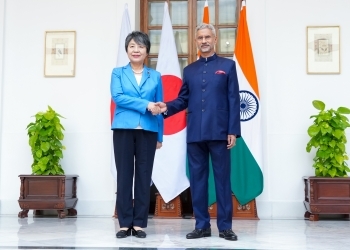Foreign Minister Ms. KAMIKAWA is shaking hands with Dr. Subrahmanyam Jaishankar, Minister of External Affairs of India