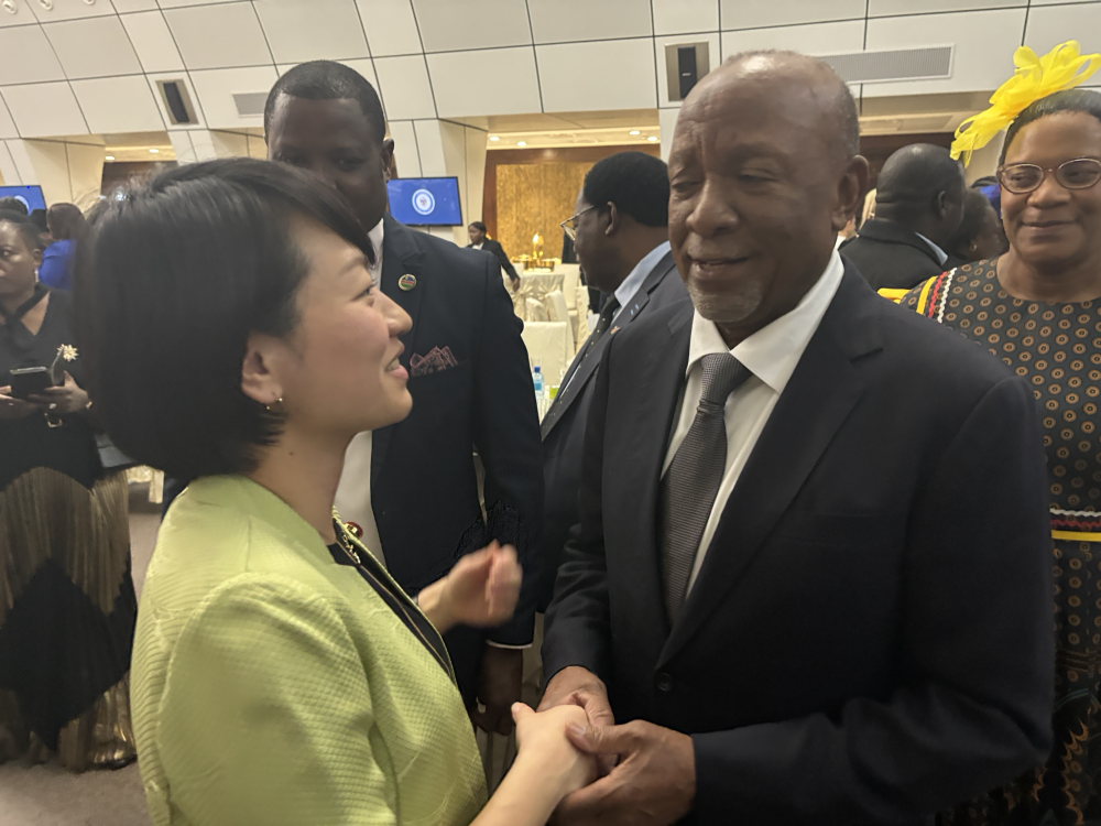 Ambassador SUZUKI shaking hands with Former President Mbumba of Namibia