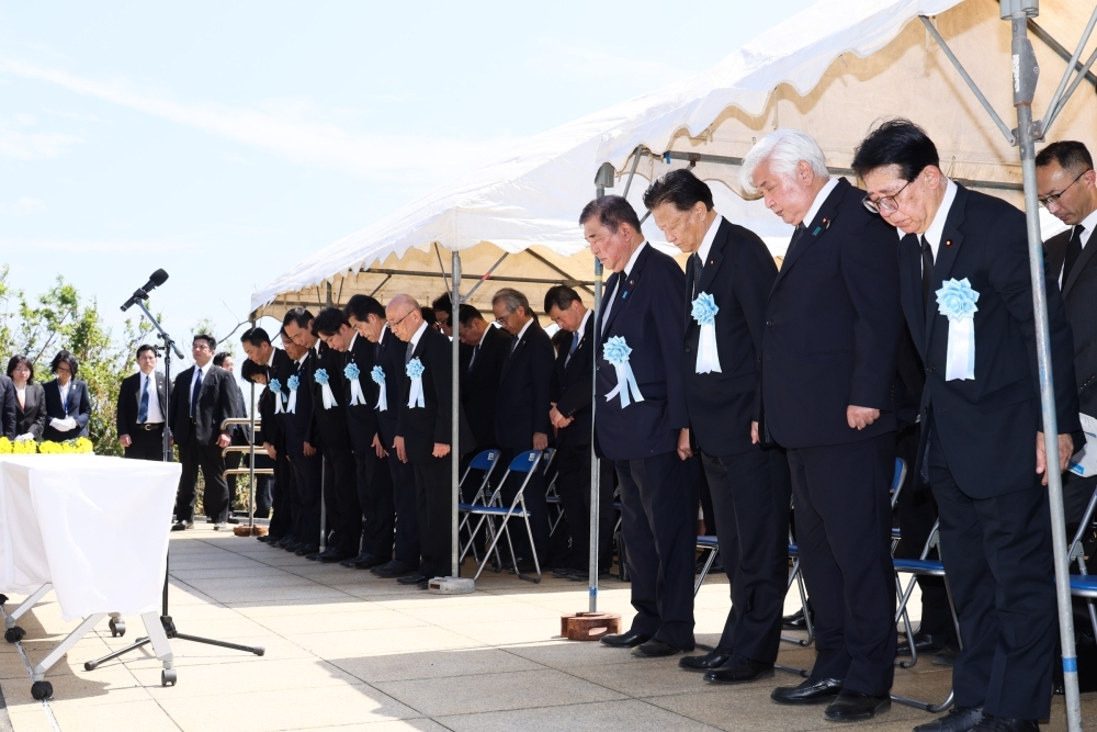 Prime Minister Ishiba praying at the Memorial Ceremony for the Japanese War Dead on the Battle of Iwo-To