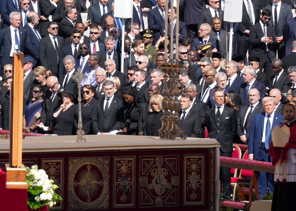 Foreign Minister Iwaya attending the funeral for His Holiness Pontiff Francis at Piazza San Pietro in Vatican, with other politicians, like President Trump, US, President Macron, France