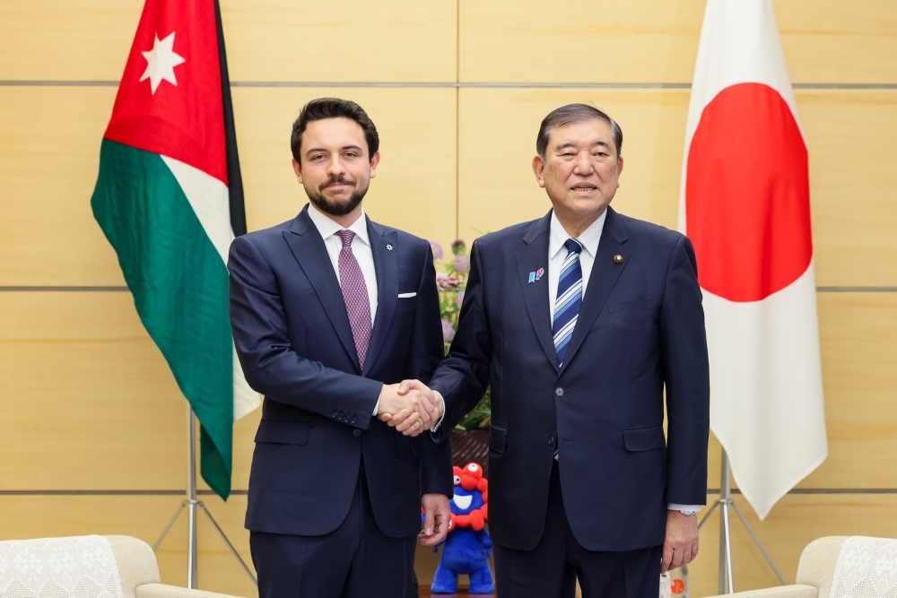 Prime Minister Ishiba shaking hands with His Royal Highness Crown Prince Al Hussein bin Abdullah II
