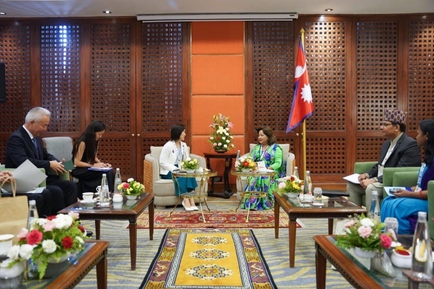 Parliamentary Vice-Minister Ikuina talking with Foreign Minister Deuba