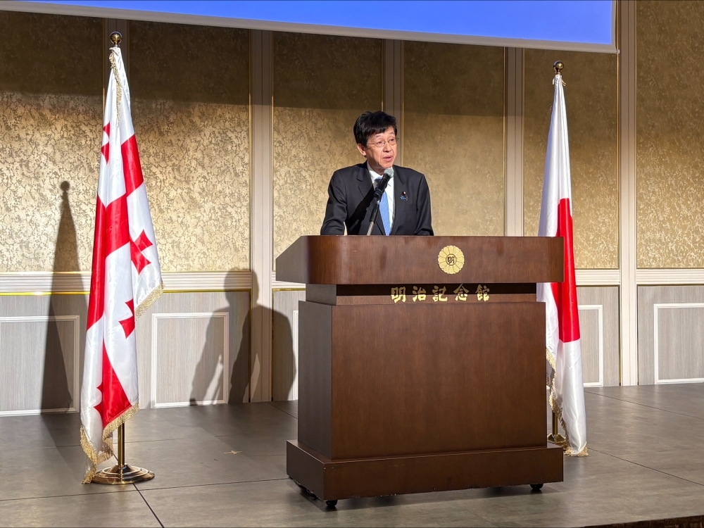 Parliamentary Vice-Minister Matsumoto is delivering his speech on the stage