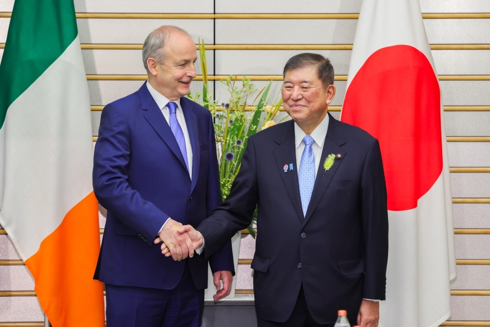 Prime Minister Ishiba is shaking hands with H.E. Micheál Martin, T.D., Taoiseach, Prime Minister of Ireland