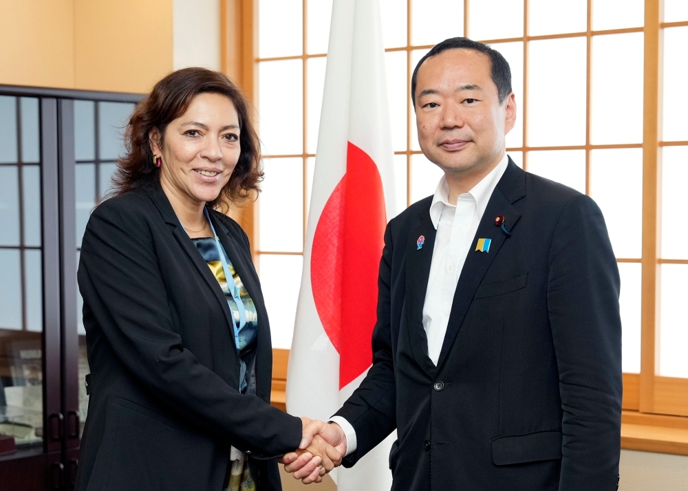 State Minister Fujii shaking hands with Special Rapporteur Elisabeth Salmón
