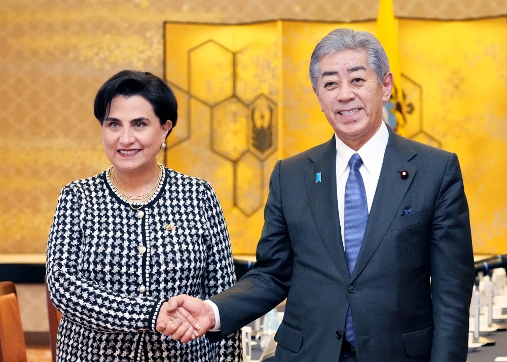 Foreign Minister Iwaya shaking hands with Minister Sommerfeld 