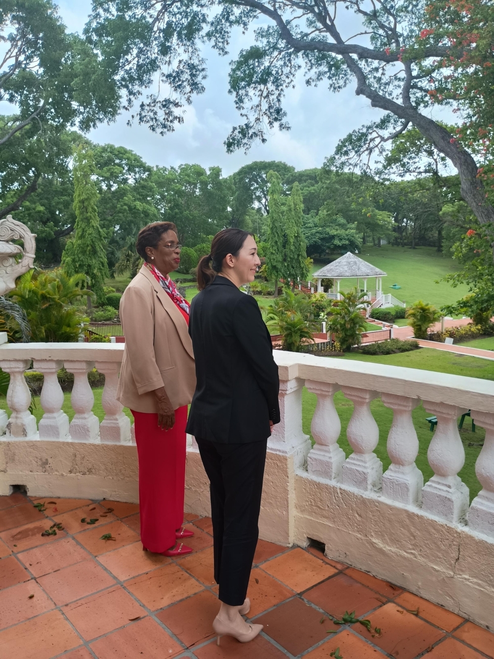 Minister HUSBANDS and Parliamentary Vice-Minister ERI enjoying the view from the balcony