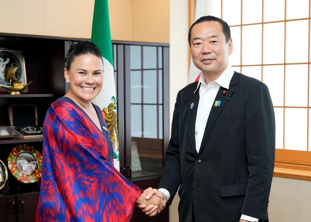 State Minister for Foreign Affairs Fujii shakes hands with Executive Director Del Moral