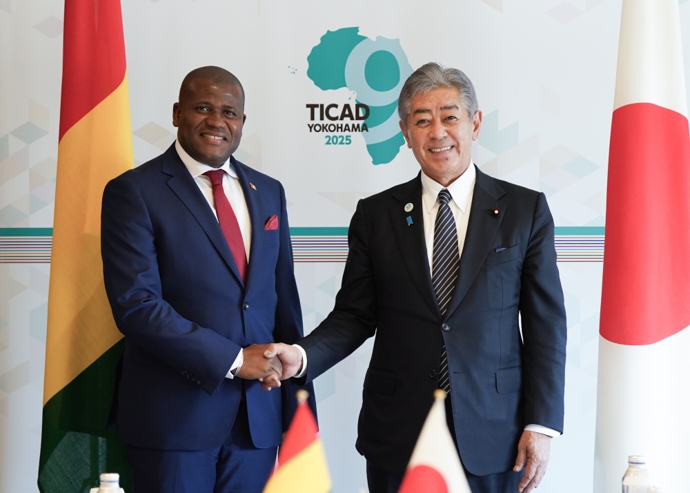 Foreign Minister IWAYA shaking hands with H.E. Mr. NABÉ, Minister of Planning and International Cooperation of Guinea