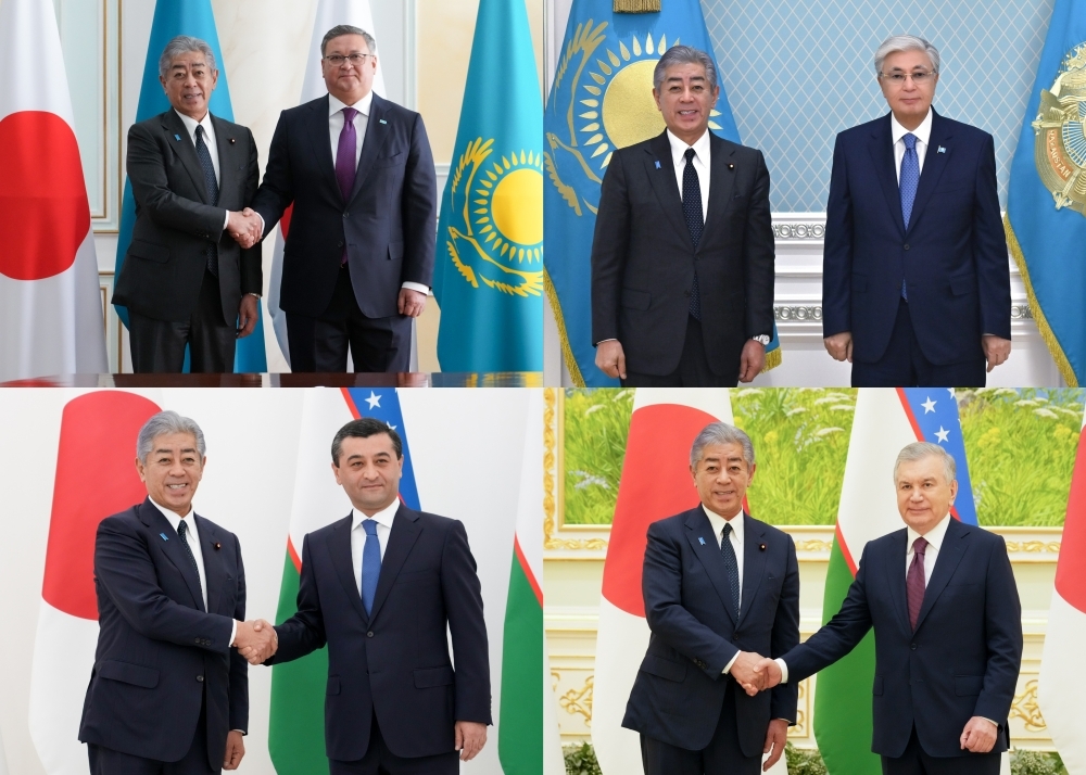 Collage photo of 4 photos, Foreign Minister Iwaya shaking hands with Deputy Prime Minister Nurtleu of Kazakhstan, President Tokayev of Kazakhstan, Foreign Miinister Saidov of Uzbekistan and President Mirzi