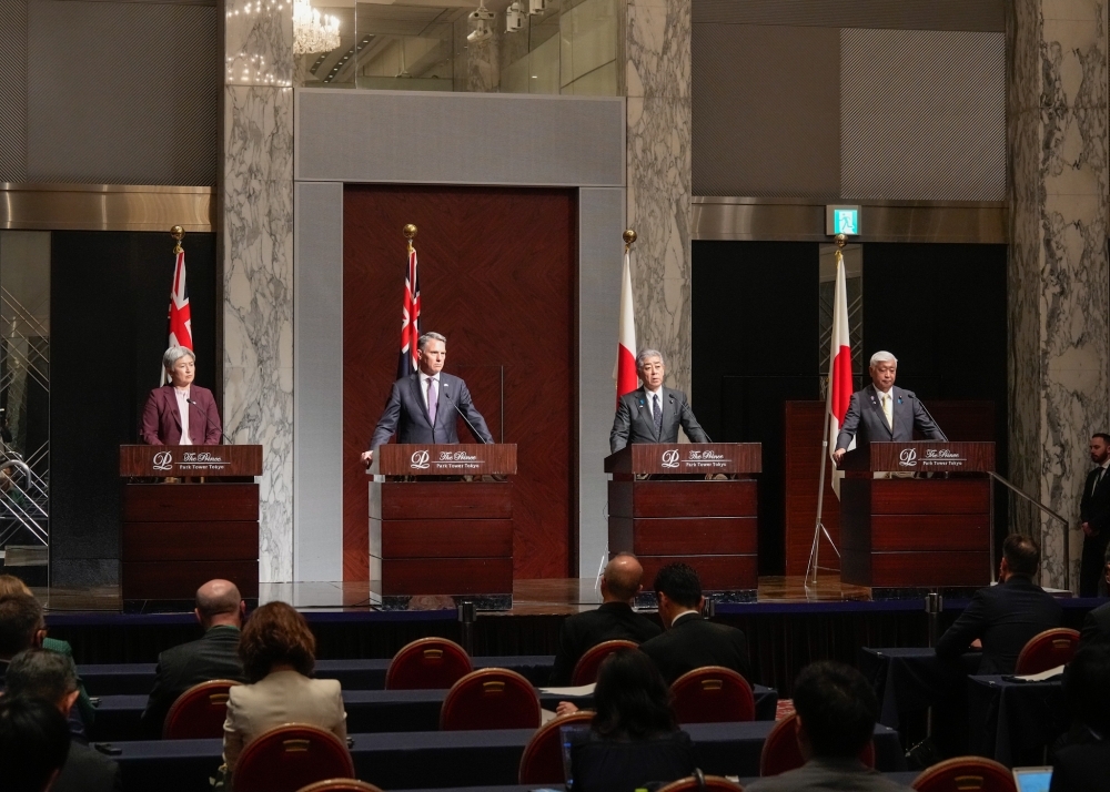 Minister IWAYA and Minister NAKATANI having press meeting with the Hon. Richard Marles MP, Deputy Prime Minister and Minister for Defence of the Commonwealth of Australia and Senator the Hon. Penny Wong, Minister for Foreign Affairs of the Commonwealth of Australia in Tokyo