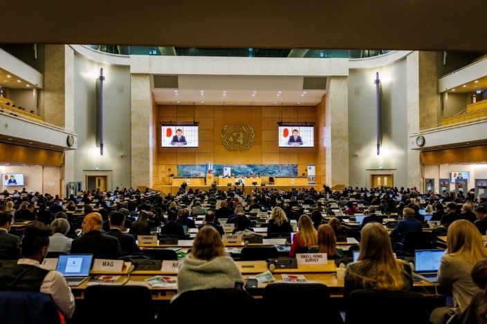 The historical Assembly Hall during the screening of Foreign Minister Motegi's video message