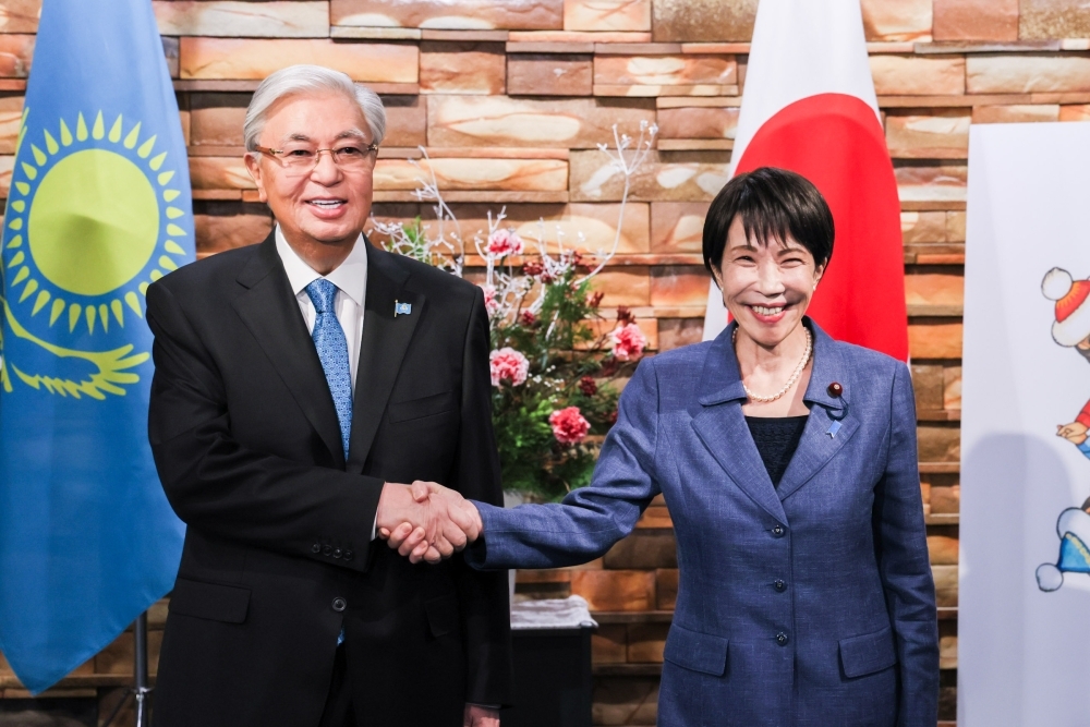Prime Minister Takaichi shaking hands with President Tokaev