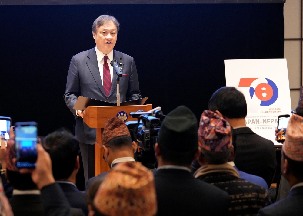 State Minister HORII giving a greeting speech at the reception