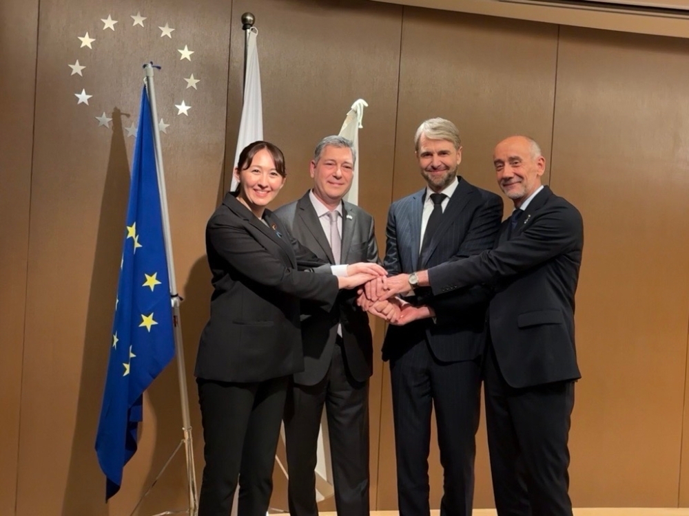 Parliamentary Vice-Minister ERI taking photo, taking hands with three Cyprus's members for Presidency of the Council of the European Union