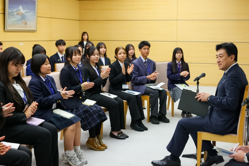 Chief Cabinet Secretary KIHARA receiving a courtesy call from Students Participating in the 