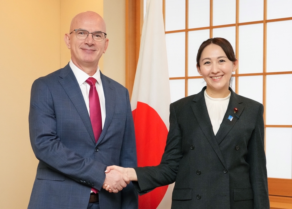 Parliamentary Vice-Minister ERI shaking hands with Ambassador Kiçmari