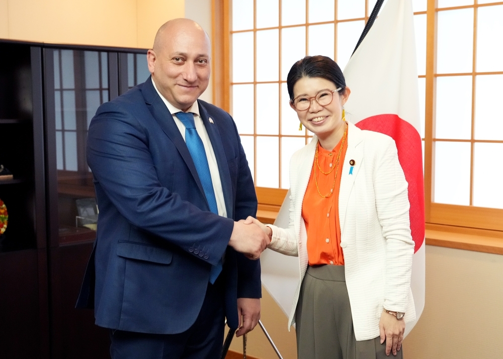 State Minister Kunimitsu shaking hands with Deputy Minister Khvtisiashvili