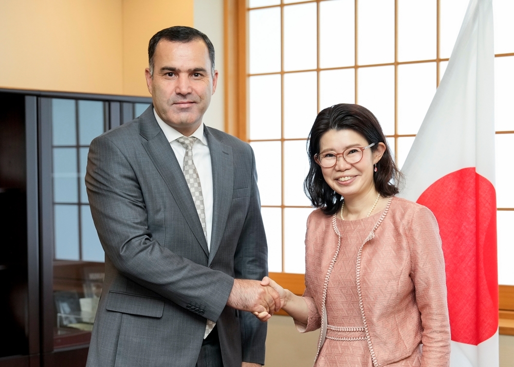 State Minister KUNIMITSU and Ambassador Salim shaking hands in front of the Japanese flag
