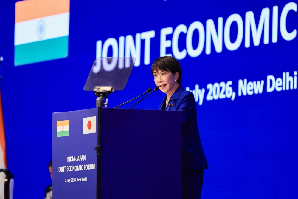 Prime Minister TAKAICHI giving a greeting at the Japan-India Joint Economic Forum