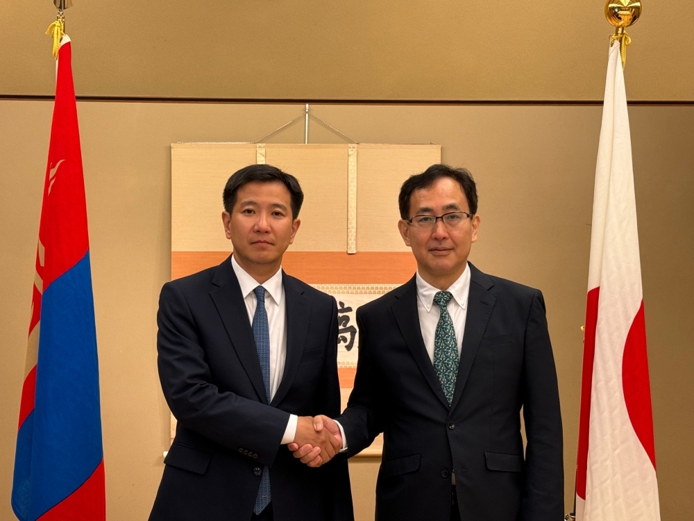 Senior Deputy Minister Namazu shaking hands with Deputy Foreign Minister Amartuvshin