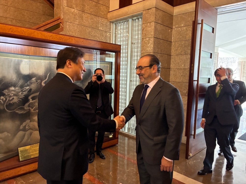 State Minister HORII shaking hands with Mr. Sergio Diaz-Granados, Executive President of Development Bank of Latin America and the Caribbean