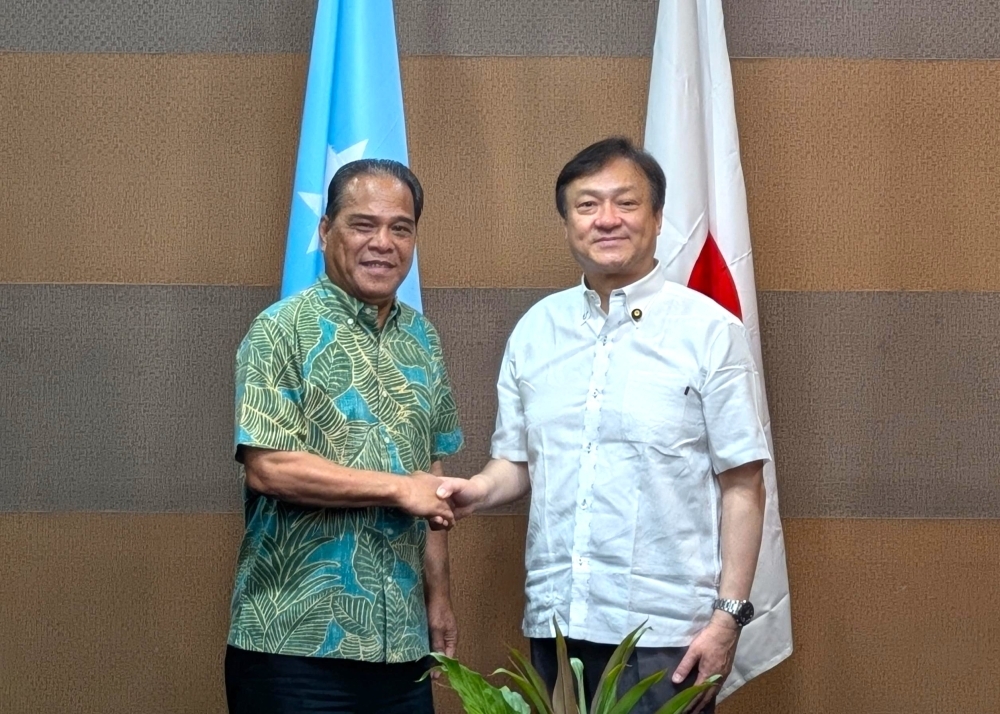 State Minister Horii shaking hands with President Simina