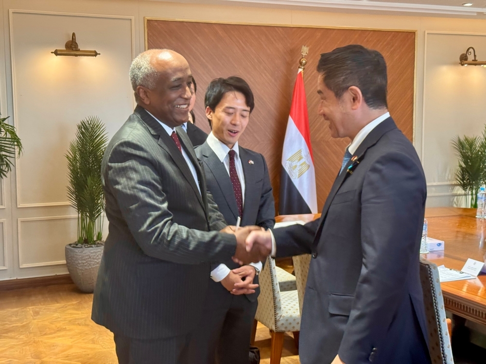 Parliamentary Vice-Minister ONISHI shaing hands with H.E. Mr. ABUBAKR, Deputy Foreign Minister for African Affairs