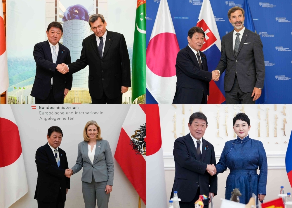 A collage of four photos showing Minister Motegi shaking hands with the foreign ministers of Turkmenistan, Slovakia, Austria, and Mongolia