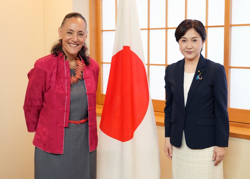 Parliamentary Vice-Minister taking a photo with Ambassador Pría in front of Japanese national flag