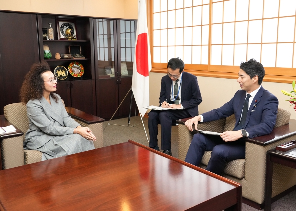 State Minister for Foreign Affairs NAKASONE exchanging views with H.E. Ms. Monika SIMONYAN, Ambassador Extraordinary and Plenipotentiary of the Republic of Armenia to Japan