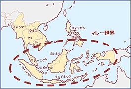 東南アジアは大陸部と島嶼部に分けられる。破線の範囲が「マレー世界」